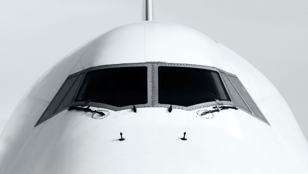 Jet airliner cockpit from the outside.